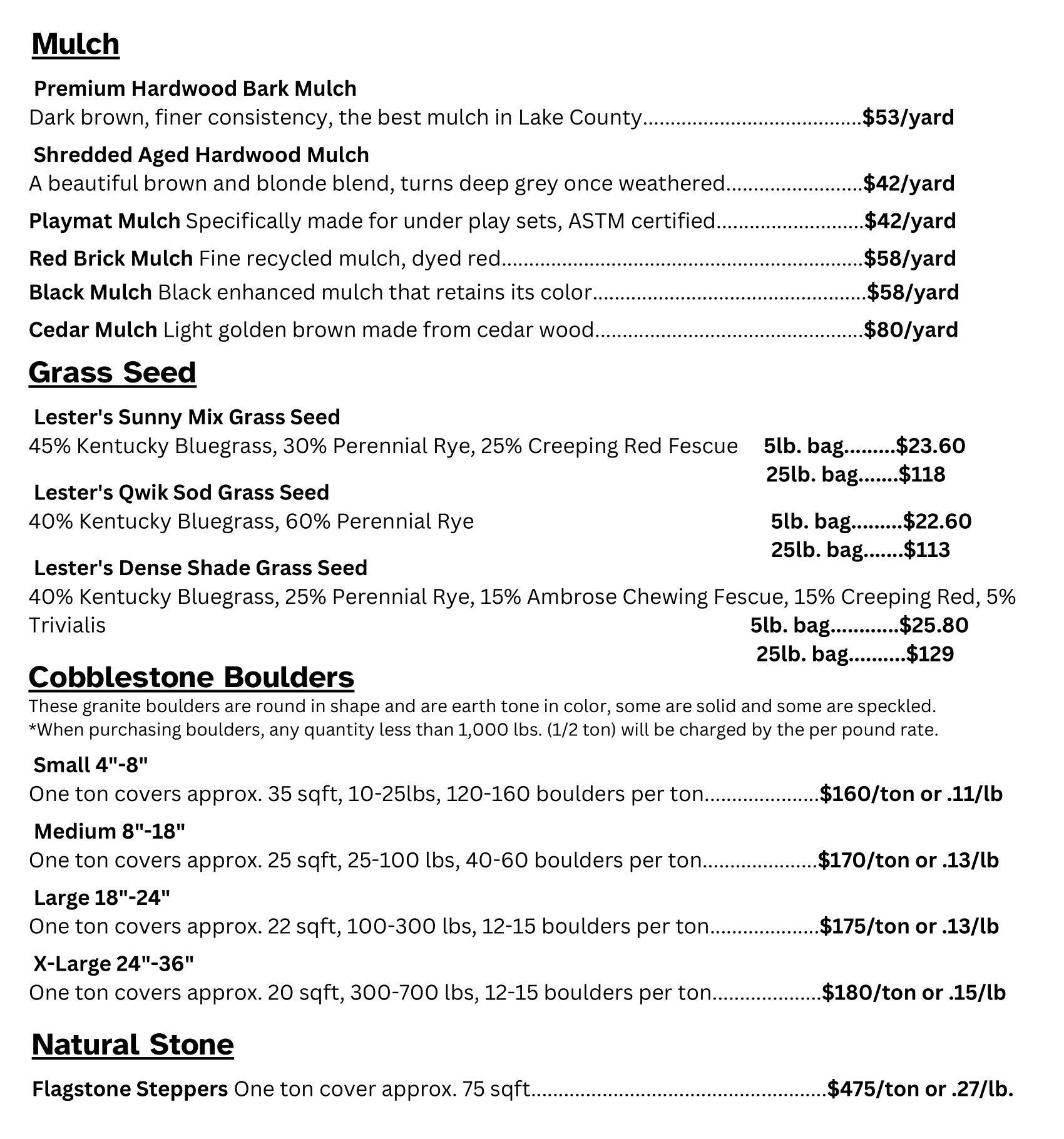 Price list for mulch, grass seed, cobblestone boulders, and natural stone.