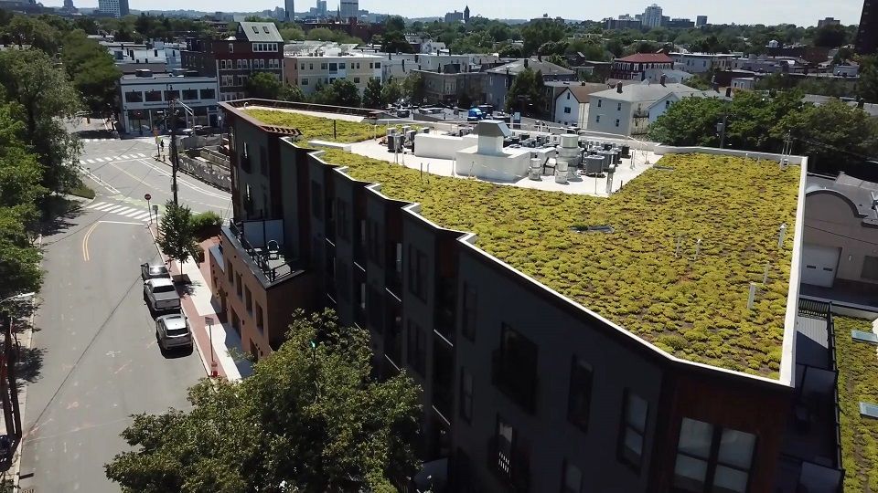 An aerial view of a building with a green roof