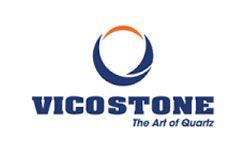 Logo for Vicostone, a quartz manufacturer: blue and orange circular design above dark blue text.
