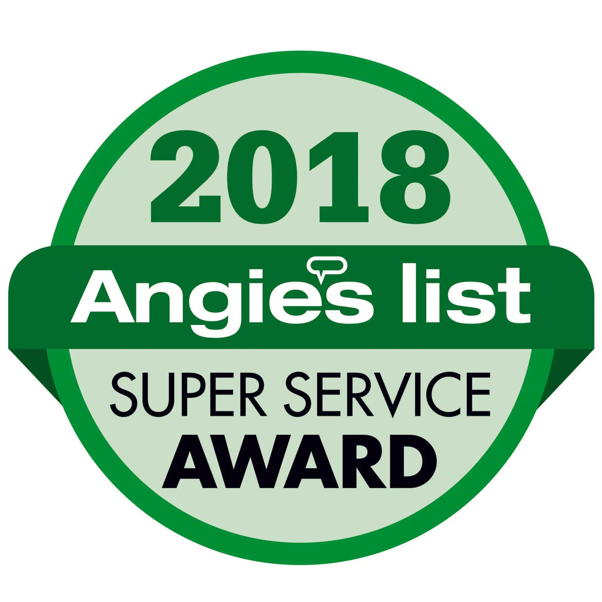 Angie's List 2018 Super Service Award badge: Green circle with white and green text.