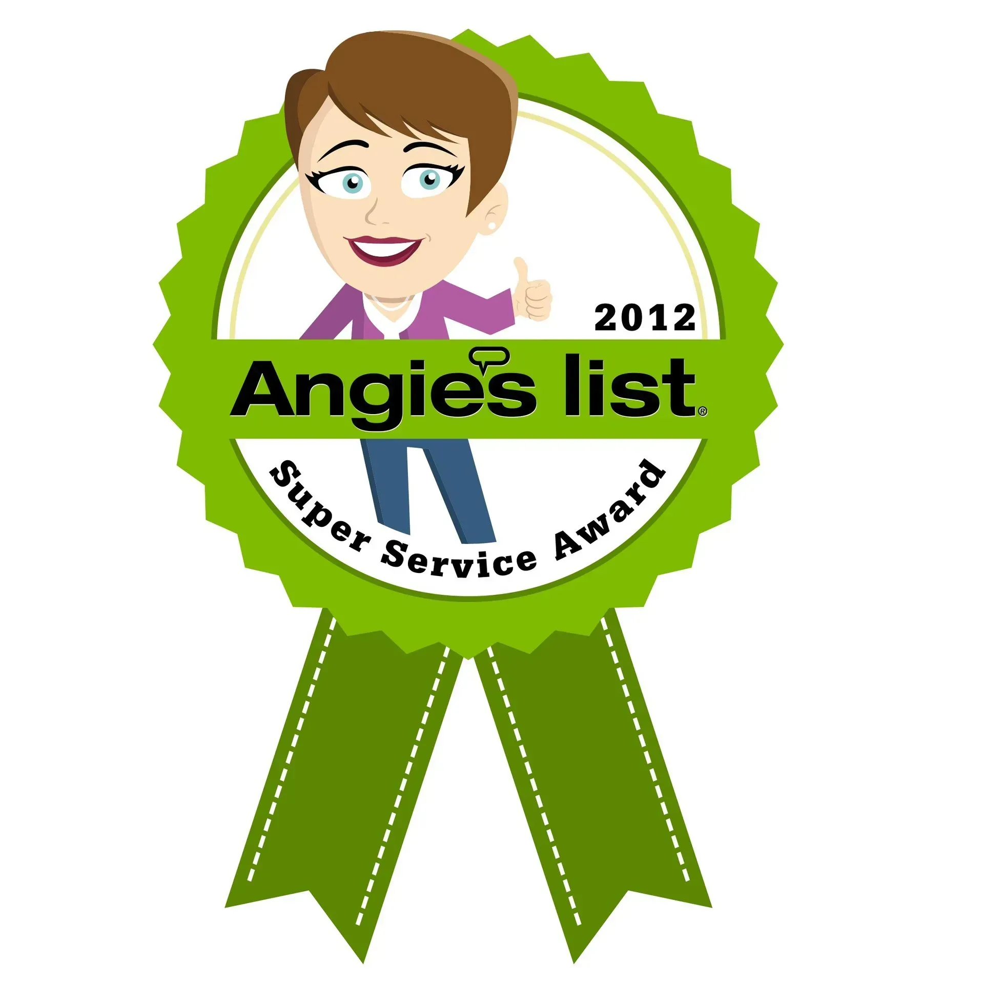 Angie's List Super Service Award, 2012. Cartoon woman giving thumbs up inside a green ribbon badge.