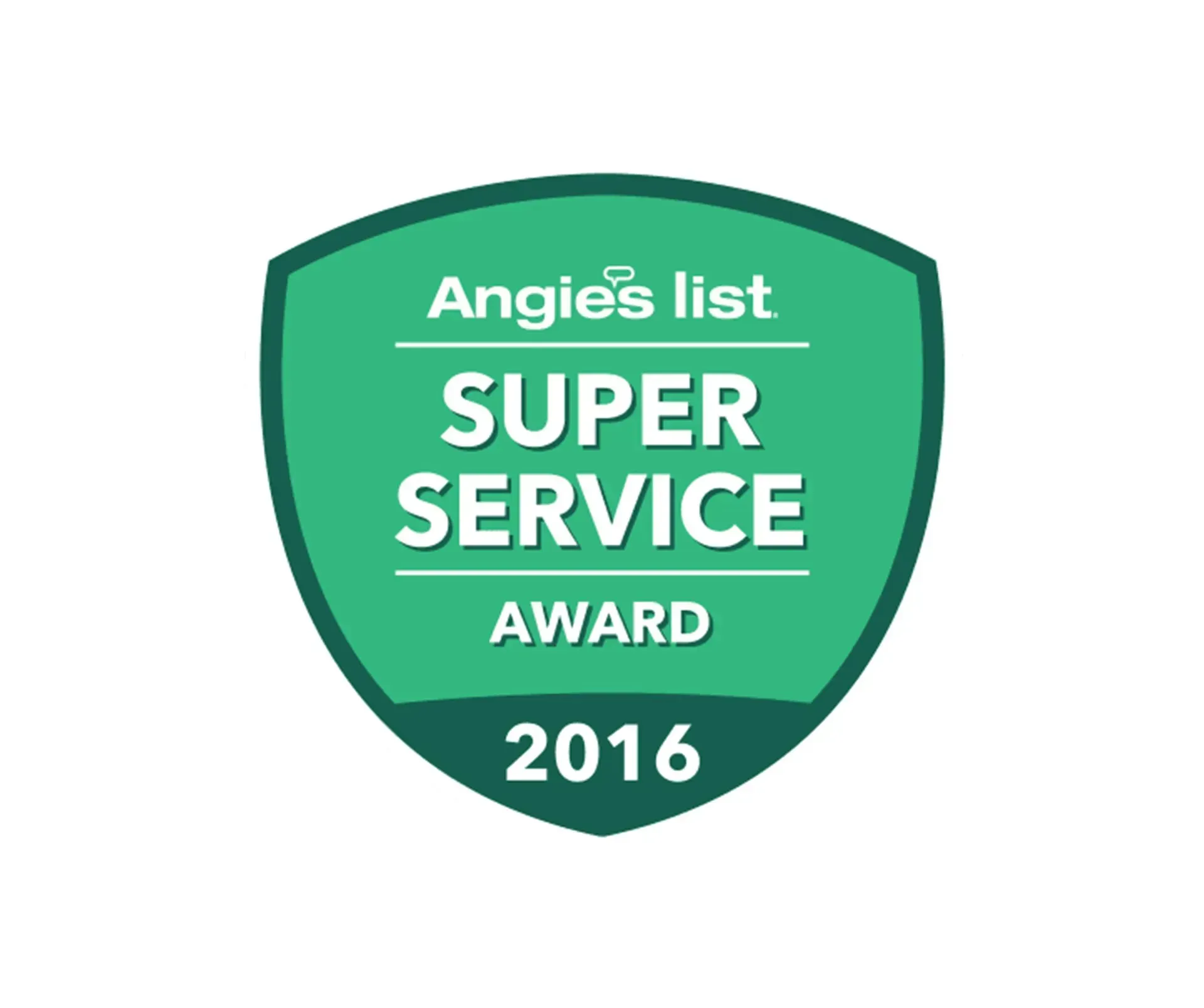 Angie's List Super Service Award badge, green shield with white text, 