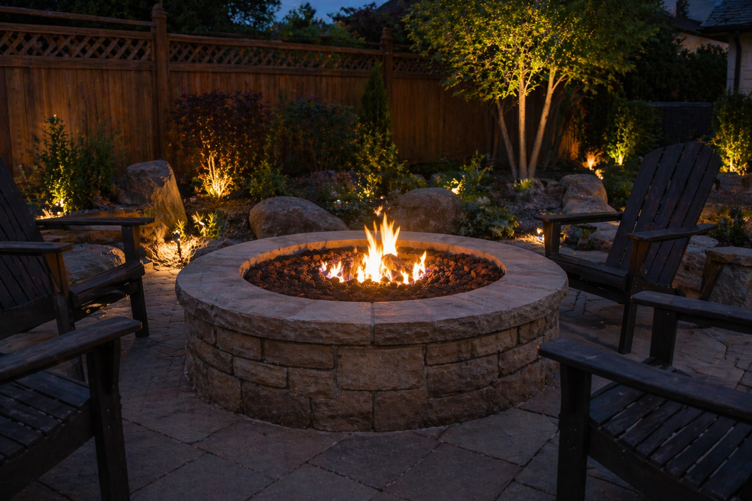 Backyard fire pit surrounded by stone seating and wooden chairs, lit by warm evening lights.