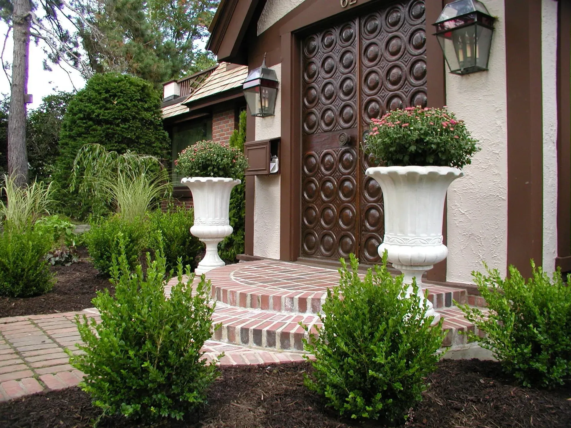 Brown door with white planters filled with green plants in front of a house.