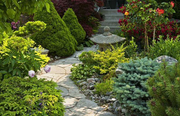 Stone path winding through a lush garden with diverse green and colorful plants and a pagoda.