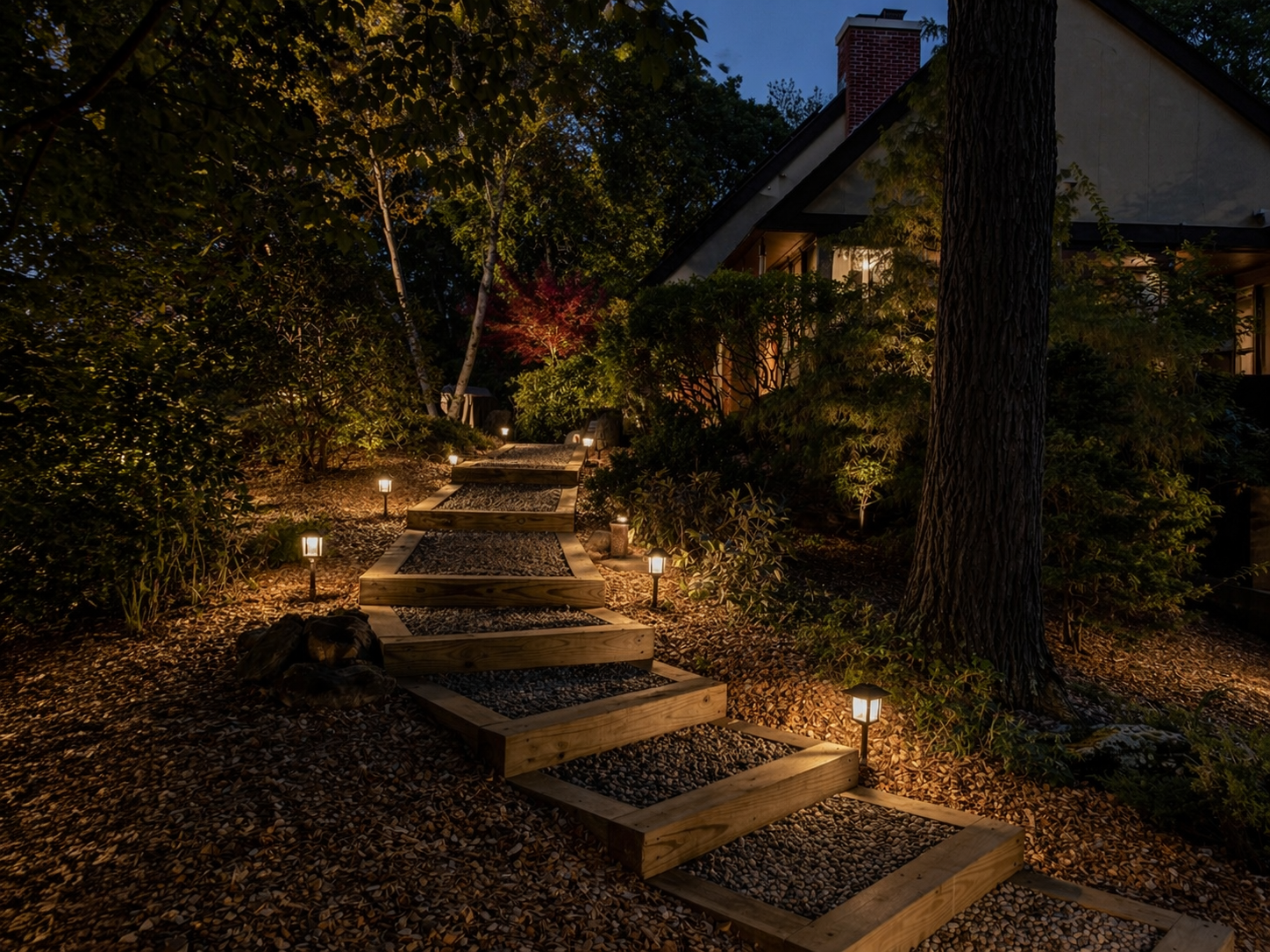 Lit stone steps winding through a wooded garden at dusk, with warm path lights beside a house