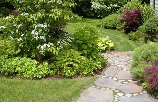 Stone path winds through a lush, green garden with flowering trees and shrubs.