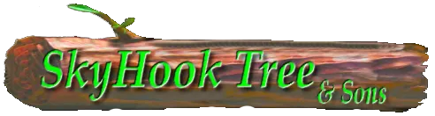 SkyHook Tree & Sons logo, green text on a log with green sprout.
