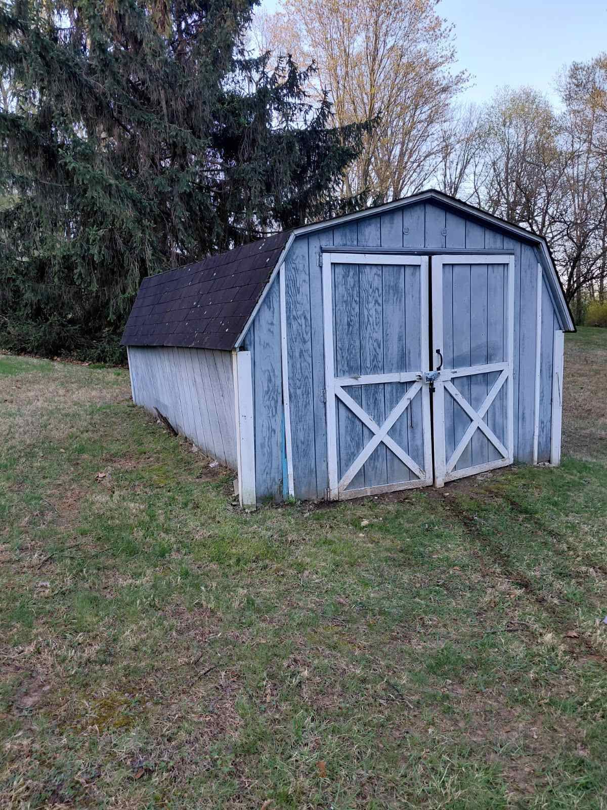 A blue, weathered wooden shed with double doors and a dark, curved roof sits in a grassy yard near a large pine tree.