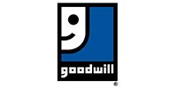 Goodwill logo: smiling face with a dot for an eye, in a blue square with the word 