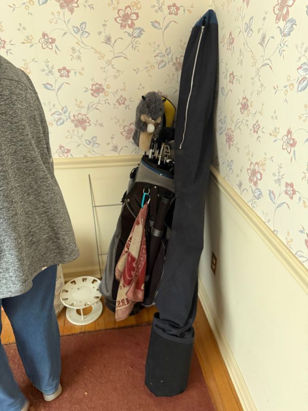 Golf bag and clubs in a corner, with a person standing nearby. Floral wallpaper and a red carpet.