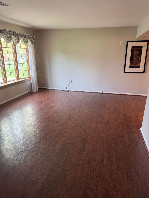 Empty room with dark wood flooring, light gray walls, and a large window. A framed picture hangs on a wall.