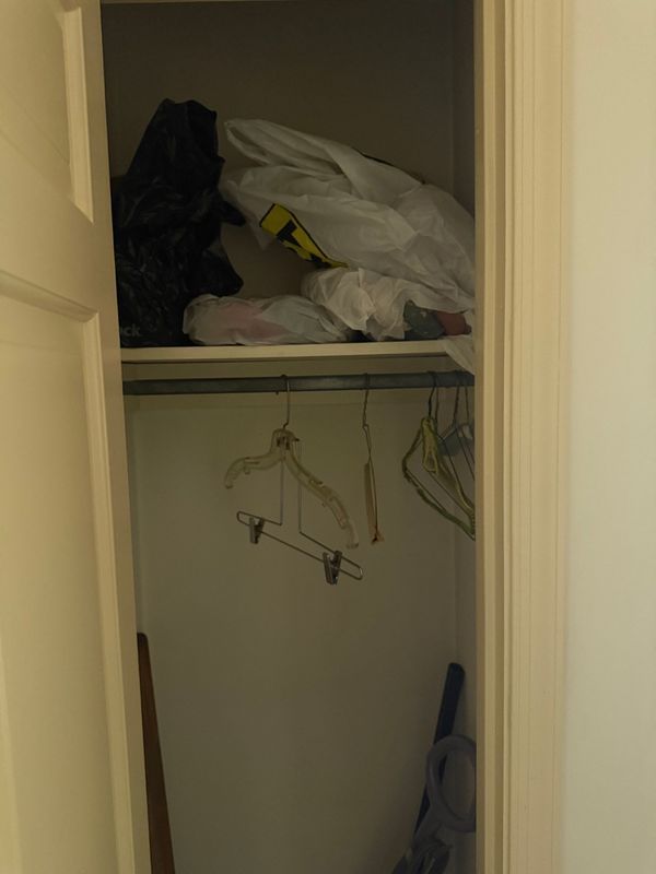 An open, small closet with bags on a shelf and hangers below.