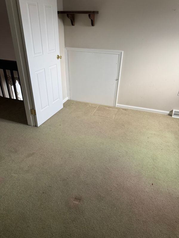 A room with a white door, beige carpet, and a storage access panel on the wall.