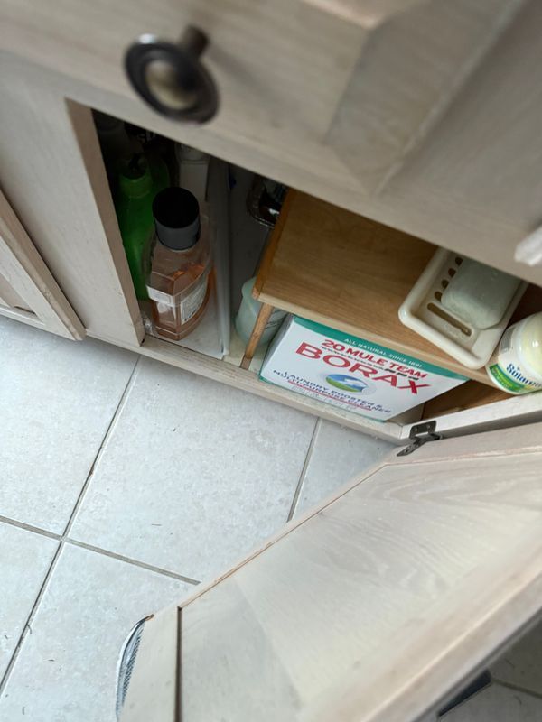Cabinet under a sink, containing Borax box, other cleaning supplies, and a wooden shelf.
