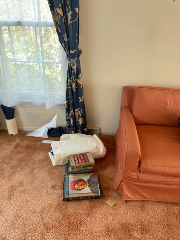 Peach armchair, books, and bags on a brown carpet next to a window with blue floral curtains.