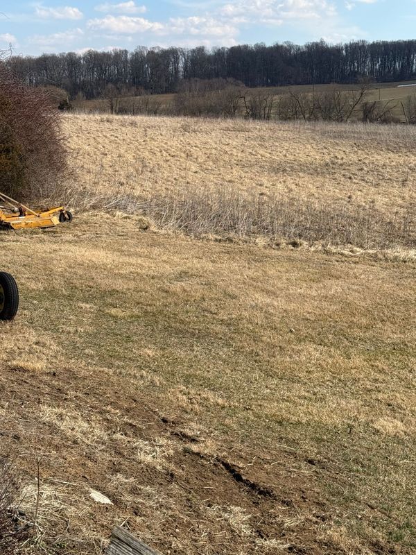 A yellow mower on a grassy field's edge, overlooking a dried-up marsh; a treeline is in the background.