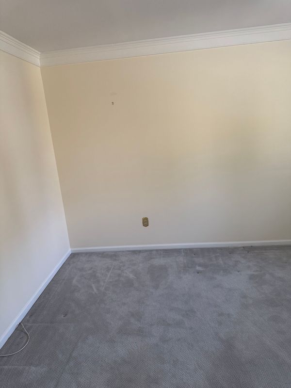Empty room with light-colored walls and a gray carpet. There's an electrical outlet and a small mark on the wall.