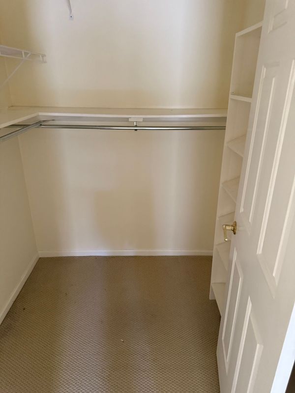 Empty walk-in closet with beige walls, carpet, and a clothes rod. A door with built-in shelves is on the right.