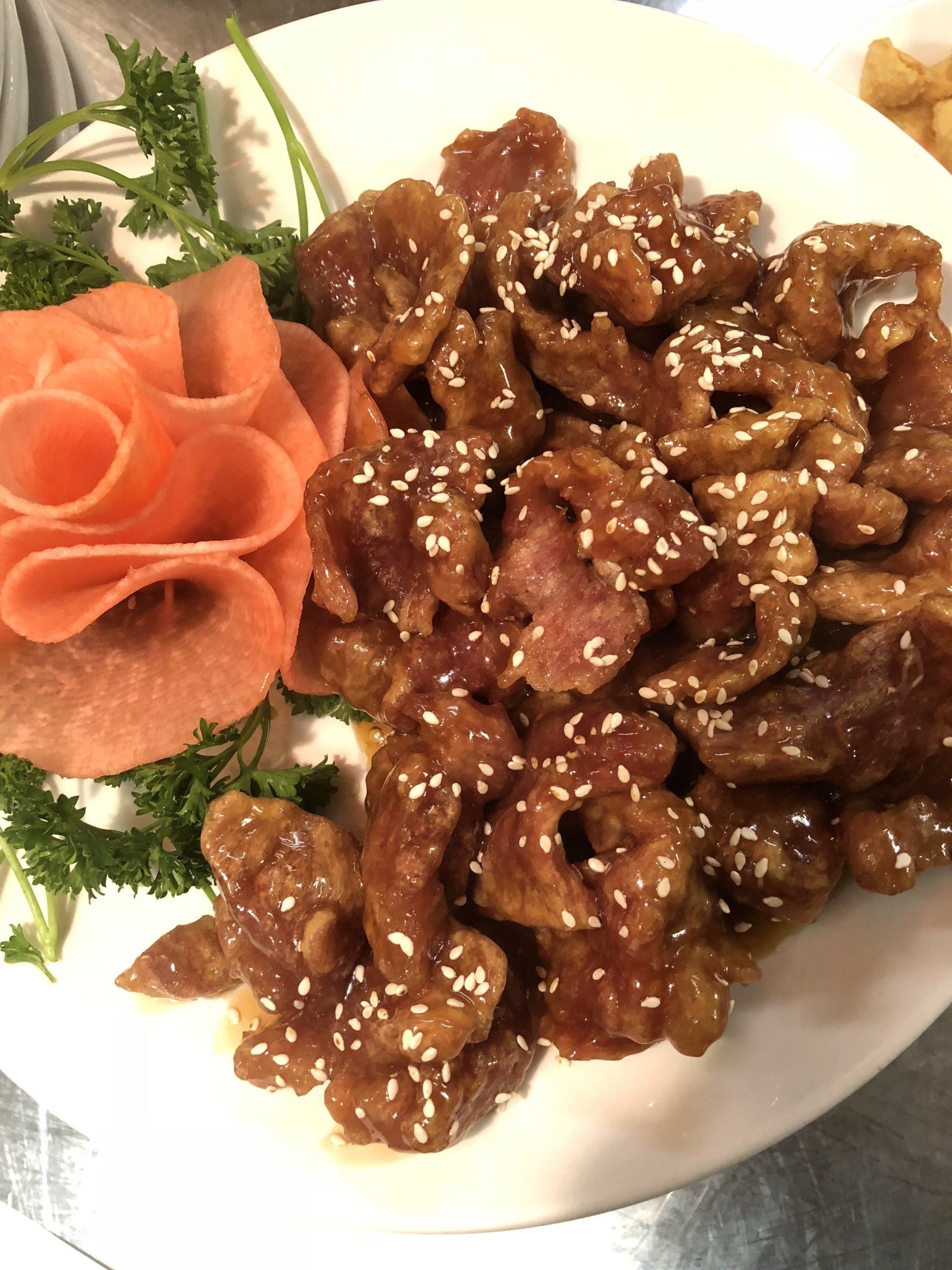 Sesame beef on plate
