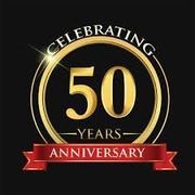 It is a 50th-anniversary logo with a red ribbon.