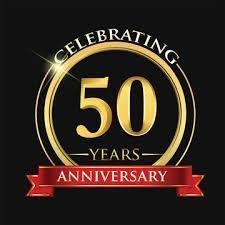 It is a 50th-anniversary logo with a red ribbon.