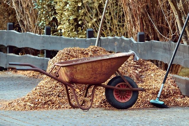 A rusty wheelbarrow sits on a paved path in front of a pile of wood chips and a gray wooden fence with a broom nearby.