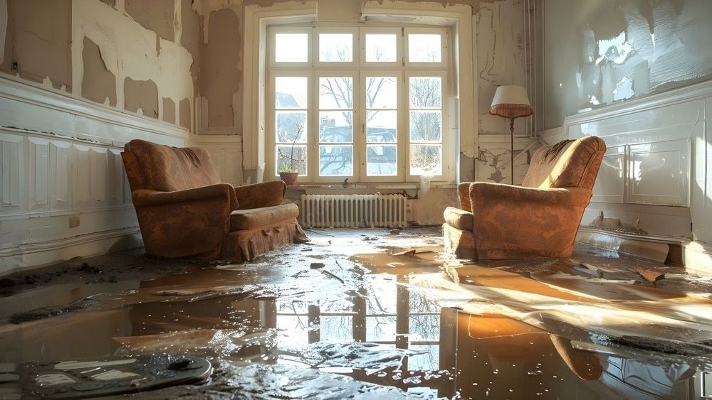 Flooded room with two armchairs, damaged walls, and bright sunlight through a window.