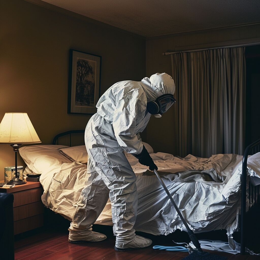 A man in a protective suit doing a cleanup