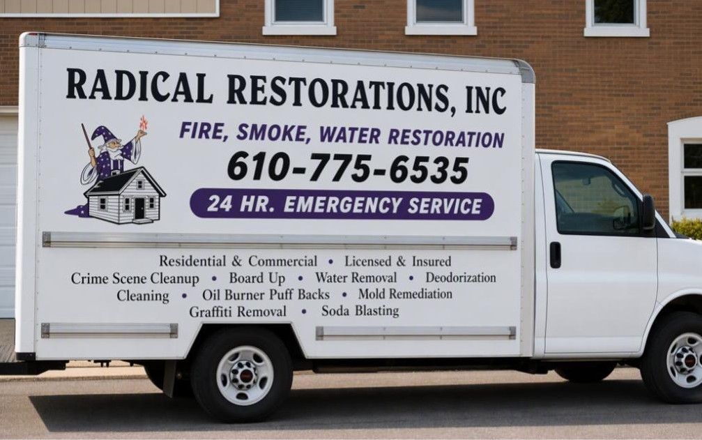 White restoration service van with Radical Restorations, Inc. and the phone number on the side.