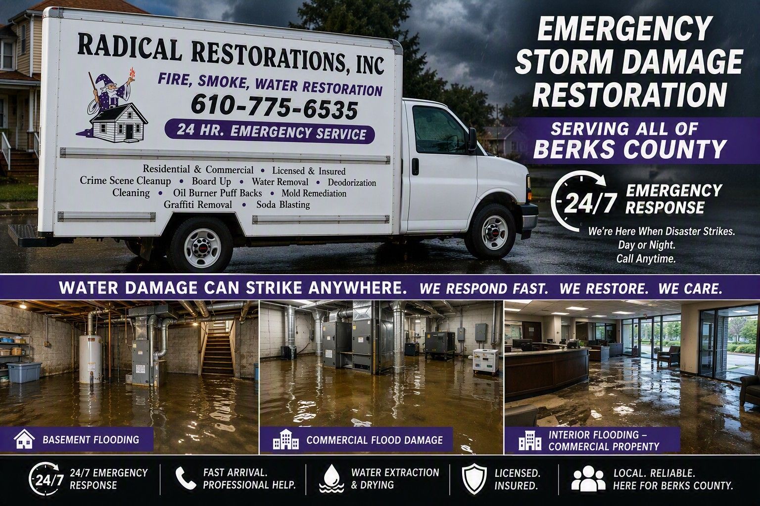 Emergency storm damage restoration truck and 24/7 service ad with flooded interior photos and company logos