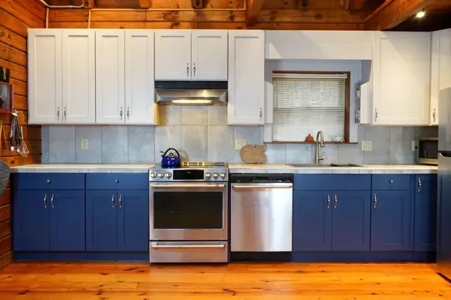 A kitchen with blue cabinets and stainless steel appliances