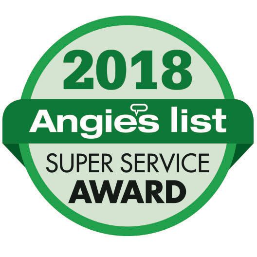 Angie's List Super Service Award 2018 badge, green and white, round with text.