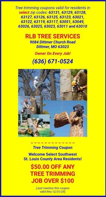 Yellow ad for RLB Tree Services, offering $50 off tree trimming over $100. Includes phone and zip codes.