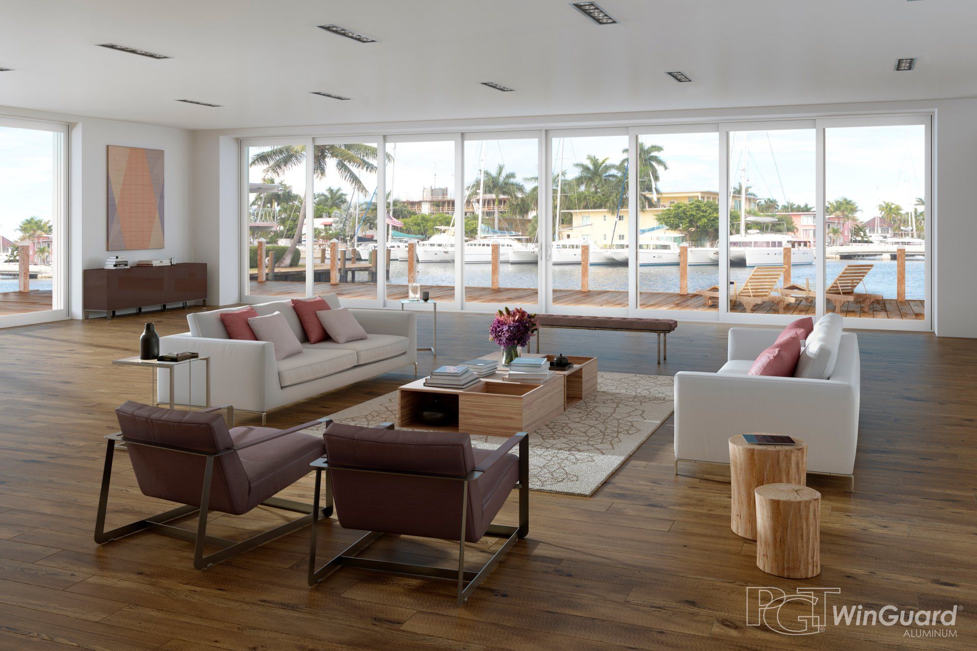 Glass windows overlooking the dock