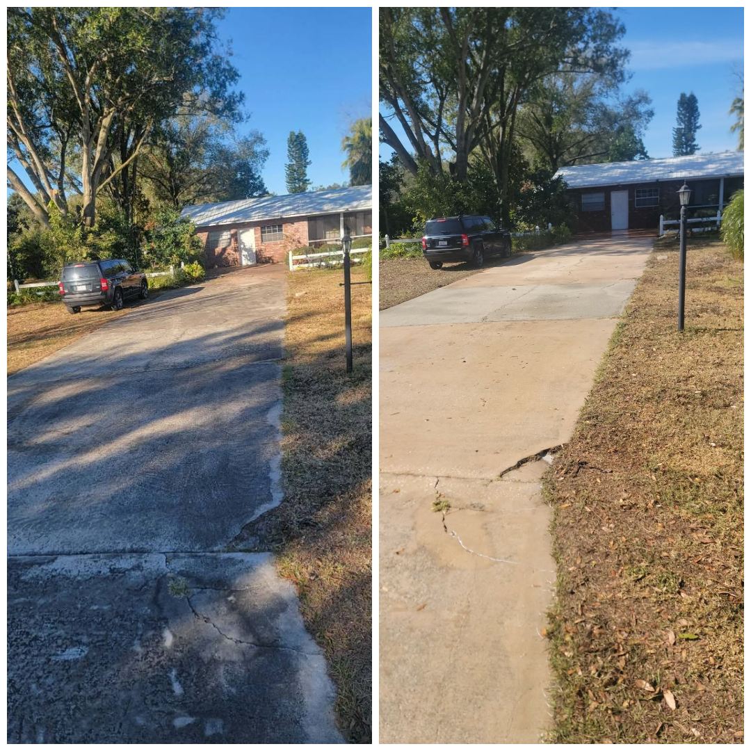 Comparison of driveway before and after cleaning. The right side is clean, tan concrete. The left side is grey.