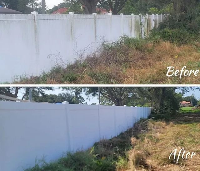 Before and after photos of a white fence cleaned of green algae. Weeds in the adjacent yard are also trimmed.