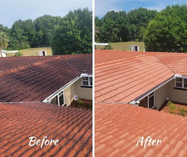Before and after view of a red tile roof; one side is dark with grime, the other side is clean and bright.