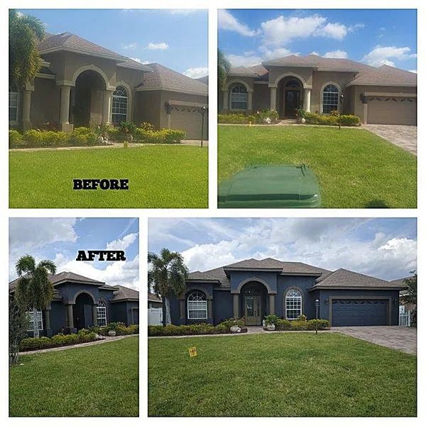 Before-and-after of a house exterior. The house is painted from a beige to a dark blue color.
