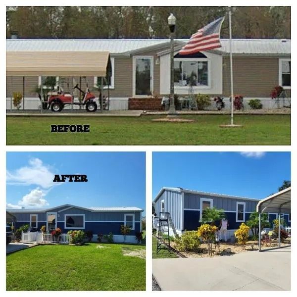 Before and after: Mobile home exterior painted from beige to blue with white trim; awning and landscaping are updated.