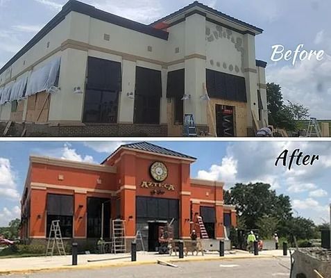 Restaurant exterior renovation comparison: Before, building with neutral colors, during, and After, building with orange facade and
