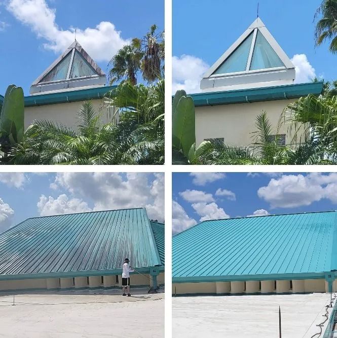 Four-panel image shows a building with a blue metal roof, and a worker cleaning it under a bright sky.