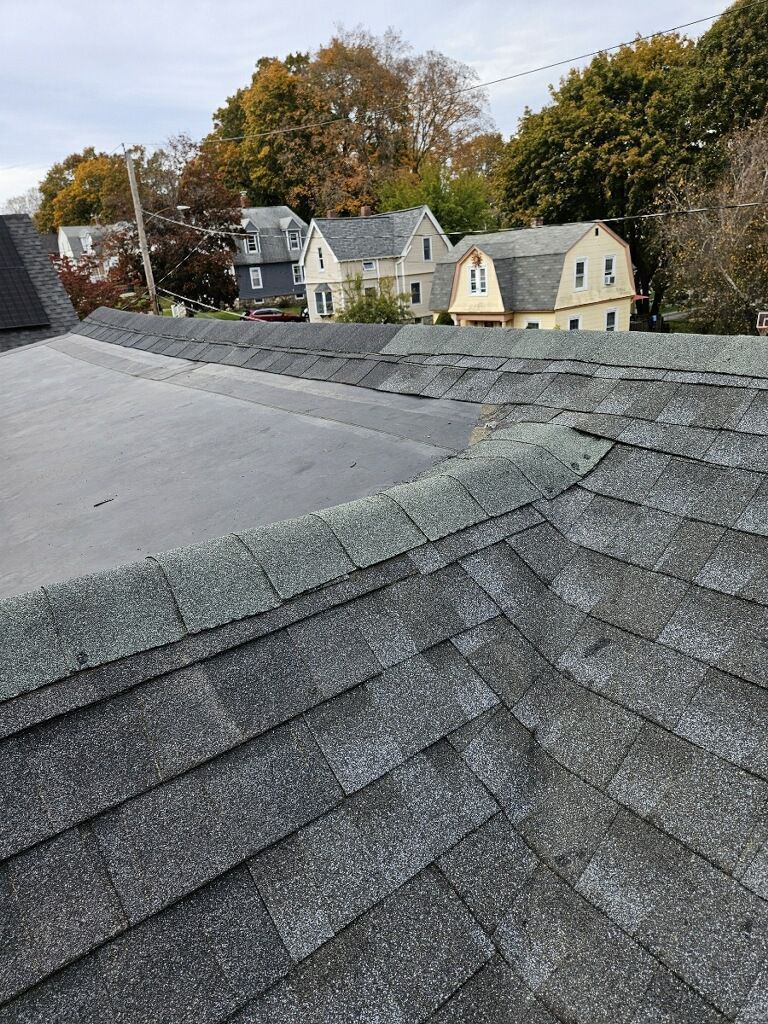 A close up of a roof with a few houses in the background.