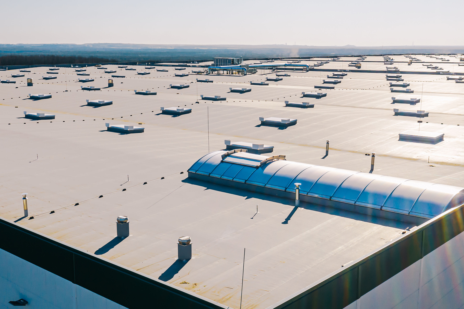 An aerial view of the roof of a large building.