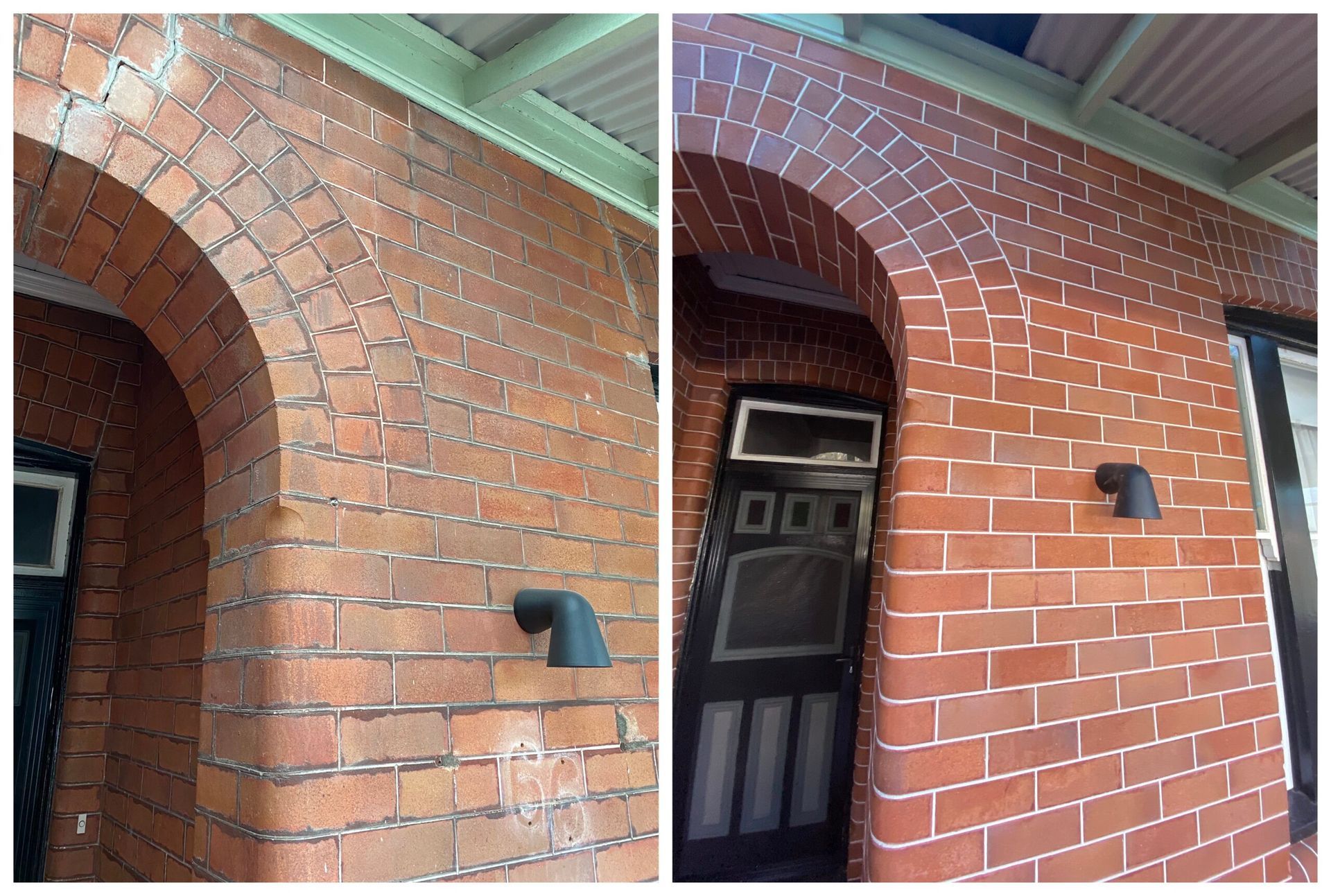 A before and after picture of a brick building with a black door.