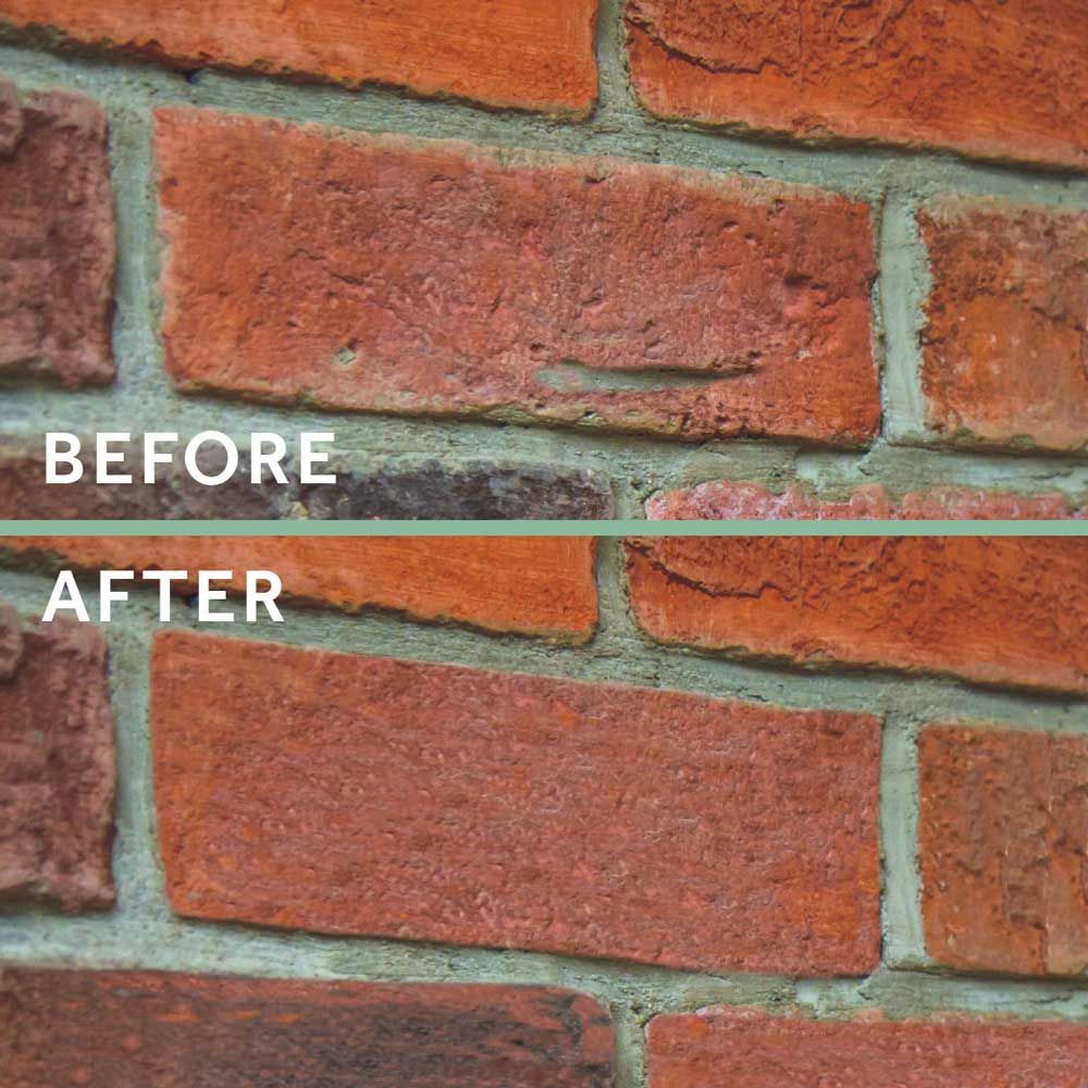 A before and after picture of a brick wall.