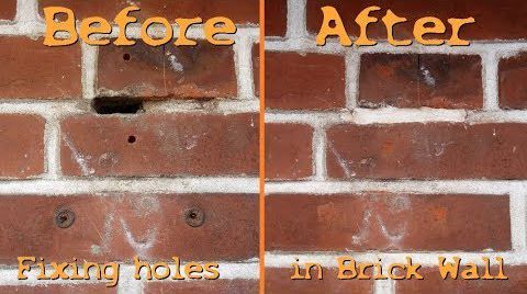 A before and after picture of a brick wall with holes in it