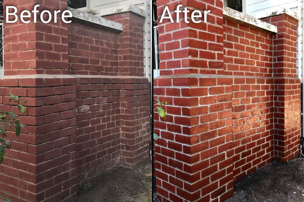 A before and after picture of a brick wall.