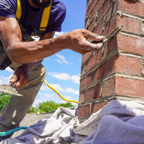 A man is working on a brick wall with a trowel