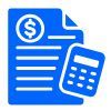 Blue document with dollar symbol and calculator, suggesting financial calculations.